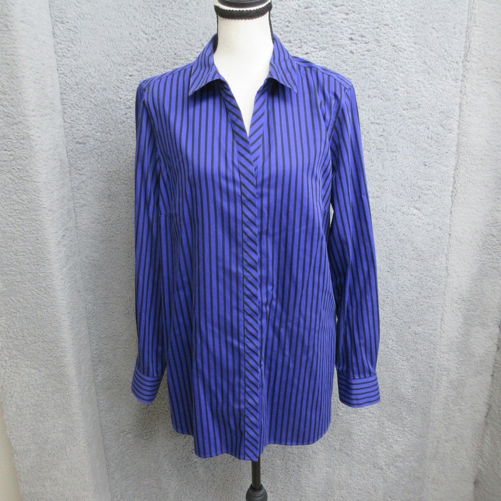 Foxcroft Stripe Shirt Women 12 Purple Black No Iron Cotton Preppy Classic Office